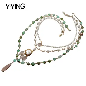 

Y.YING Natural Cultured White Rice Pearl Chrysoprases statement Necklace Rose Quartzs Coin Pearl Charm 18"