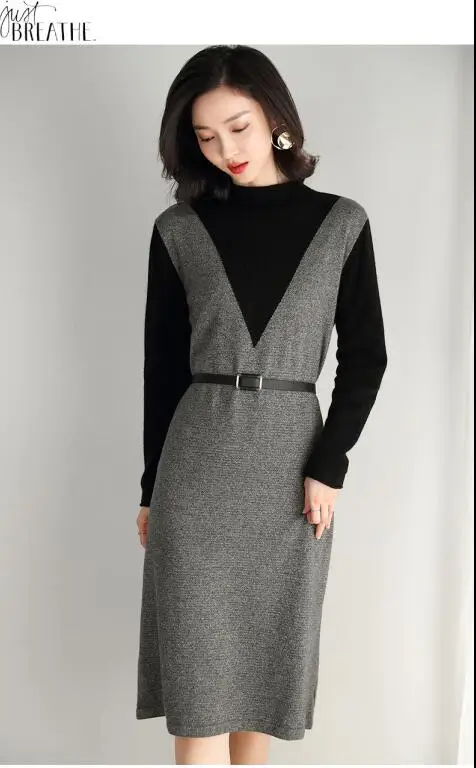 Женский модный цветной тонкий свитер в стиле пэчворк, офисное платье, Пуловеры на осень и зиму, женское вязаное офисное платье