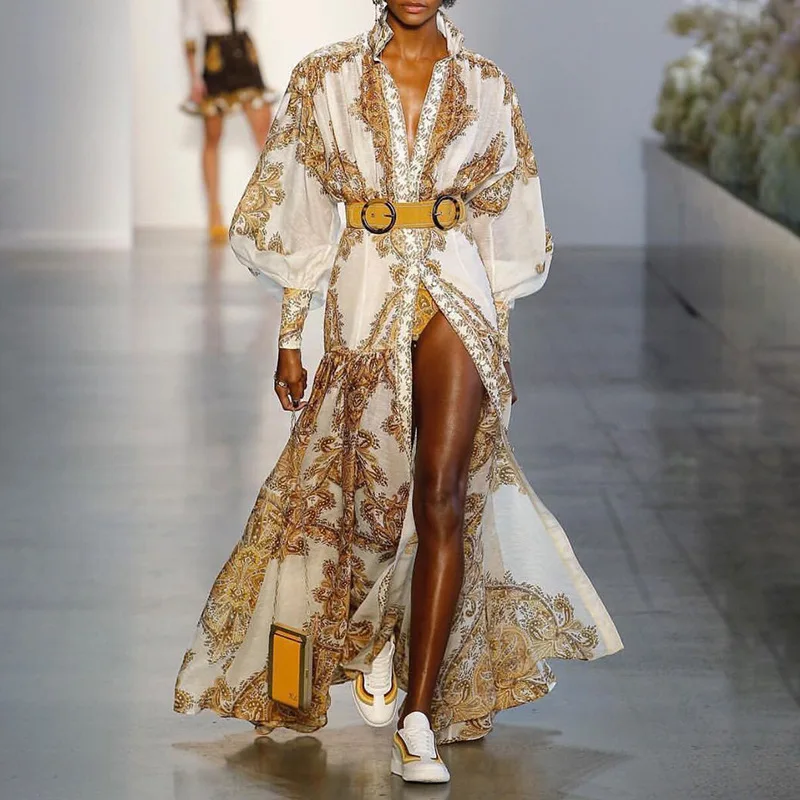 Yellow Printed Dress Female V Neck Stand Collar Lantern Sleeve Belt High Waist Split Long Loose Dresses 2019 Summer | Женская одежда