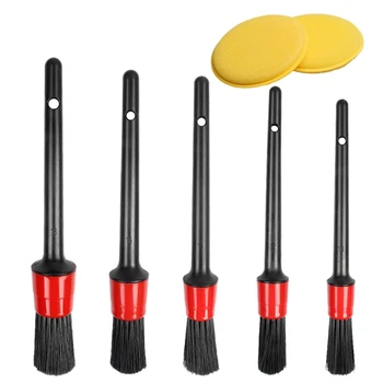 

Car Detailing Brush Set, 5Pcs Auto Cleaning Brushes With 2 Waxing Sponge Pads For Wheel Air Vent Dashboard Leather Interior Engi