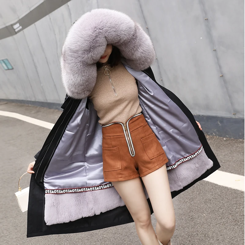 Зима натуральный Лисий Мех капюшон кроличий мех лайнер длинный стиль Новая модная женская верхняя одежда до колена куртка пальто - Цвет: Knee length
