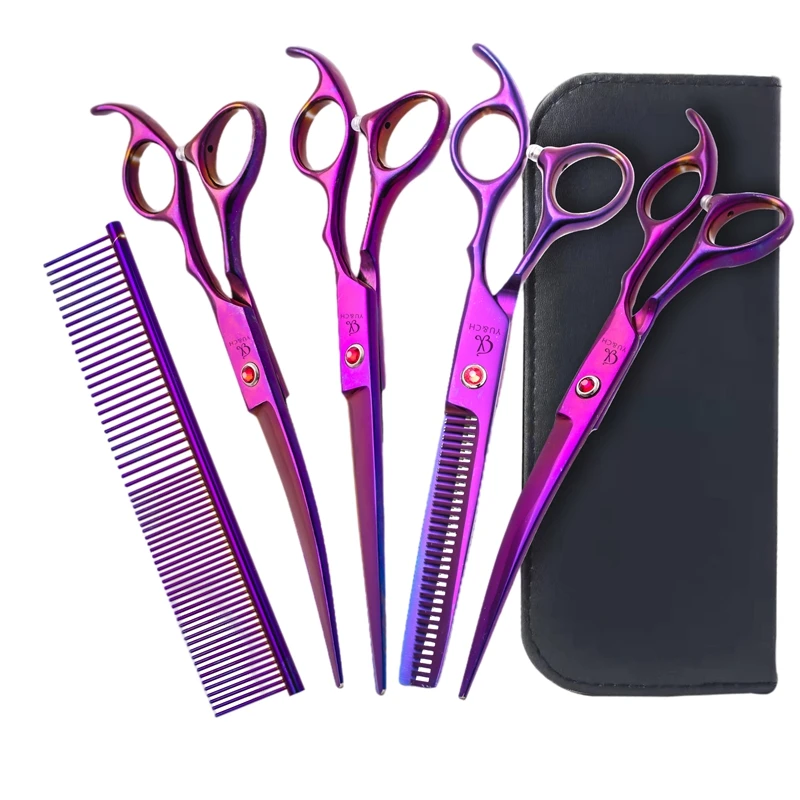 

8 Inch Thinning Shear for Pet Grooming Scissor Curved Rainbow Titanium Coating Color Scissors Set Pet