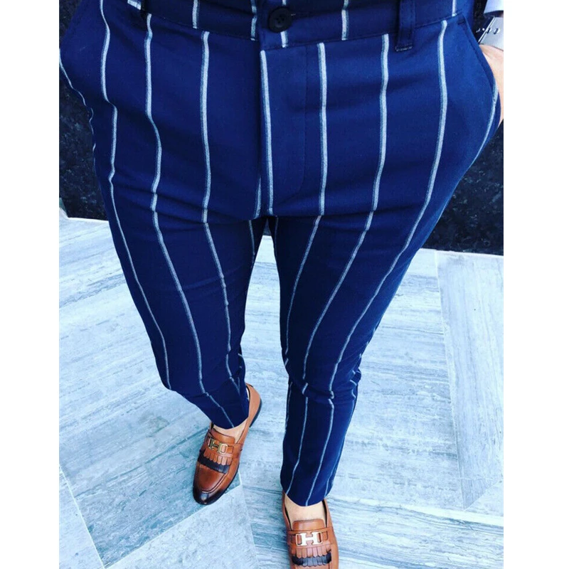 Брюки Карандаш мужские деловые роскошные облегающие длинные брюки в полоску