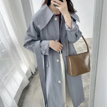 

Khaki Large Collar Over-the-knee Long Trench Coat Women Korean Loose Thin Coat