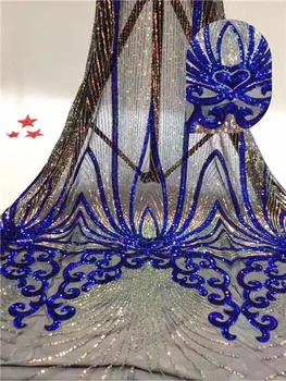 

Sequins Lace Fabric 2019 Bule sequins Nigerian Laces Fabric High Quality French Tulle Lace Fabric For party Dress