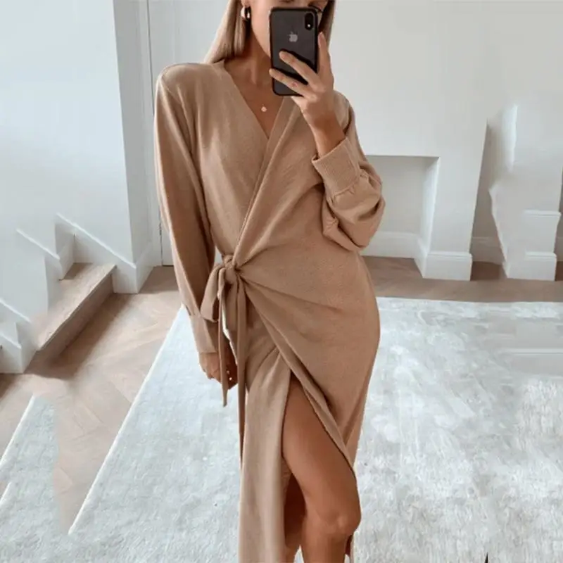 

Autumn And Winter Women Kitted Dress Elegant Casual V -Neck Long Sleeve Midi Dress Solid Loose Split Side Sexy Dresses