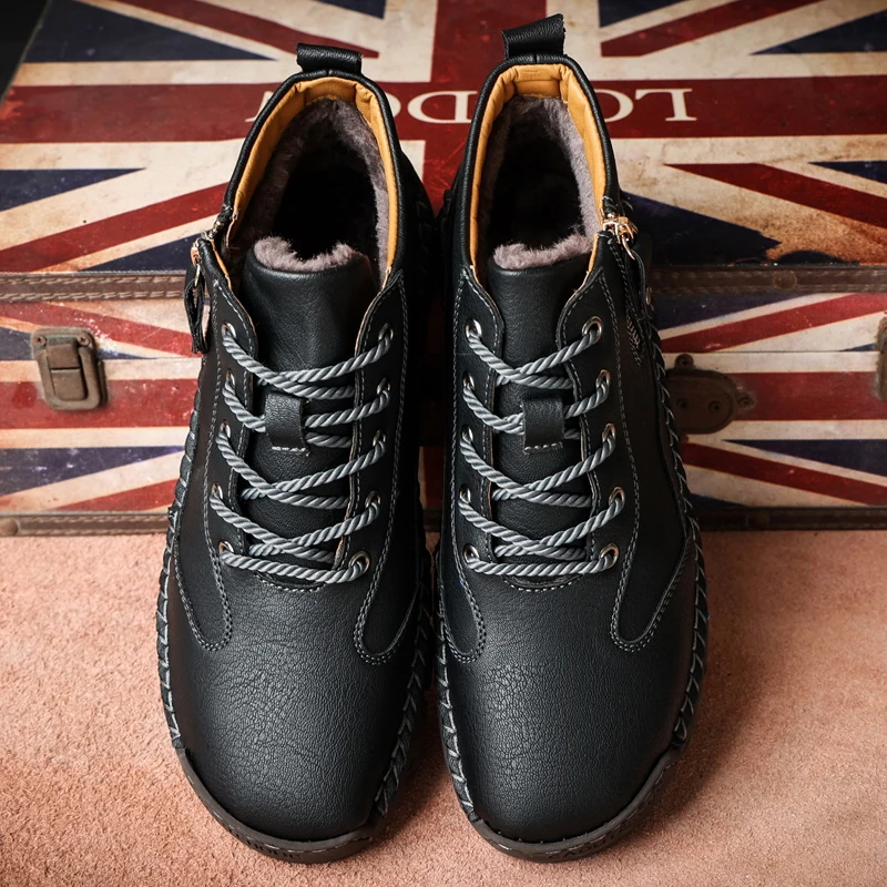Classic Mens Winter Boots Warm Fur Motorcycle Boots Designer Work Men Motorcycle Boots Outdoor Platform Leather Men Calf Boots