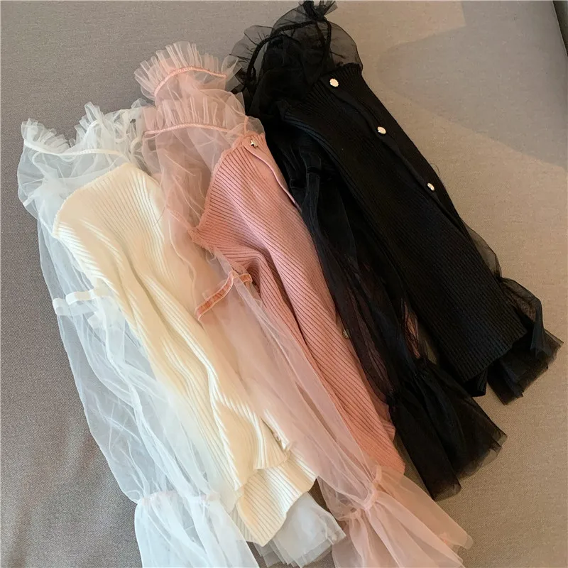 Woherb, v-образный вырез, длинный рукав, тонкий свитер, женский, сетка, пэтчворк, однобортный, трикотаж, тонкий, модный, элегантный, топ, корейский стиль, новинка 91331