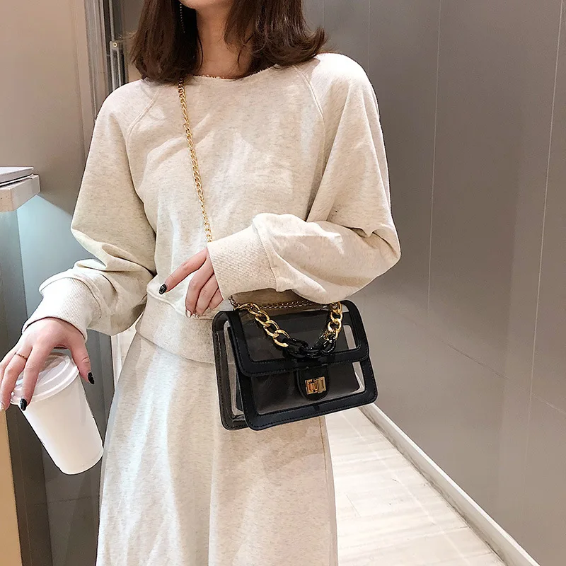 

Fashion small black bag texture Messenger bag 2019 new women bag PVC transparent tide shoulder chain bag mobile phone purse