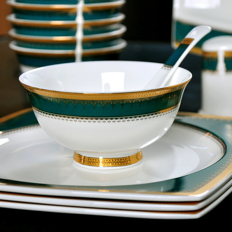 80 шт., костяной фарфор в европейском стиле, посуда, изумруд, керамические чаши, набор тарелок, зеленый фарфор, набор посуды, свадебный подарок