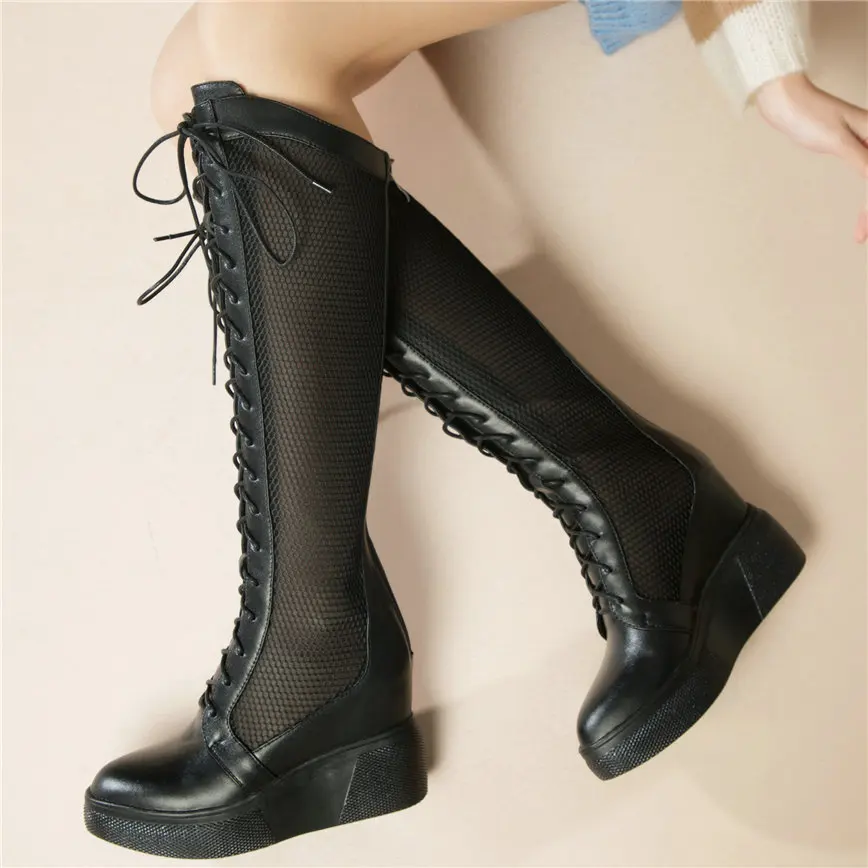 

Fashion Sneakers Women Genuine Leather Wedges High Heel Roman Gladiator Sandals Female Lace Up Pointed Toe Platform Pumps Shoes