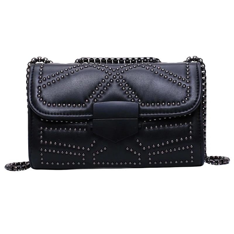 

PU Leather Crossbody Bag Women'S Rivet Shoulder Bag Ladies Travel Handbag Chain Messenger Bag B