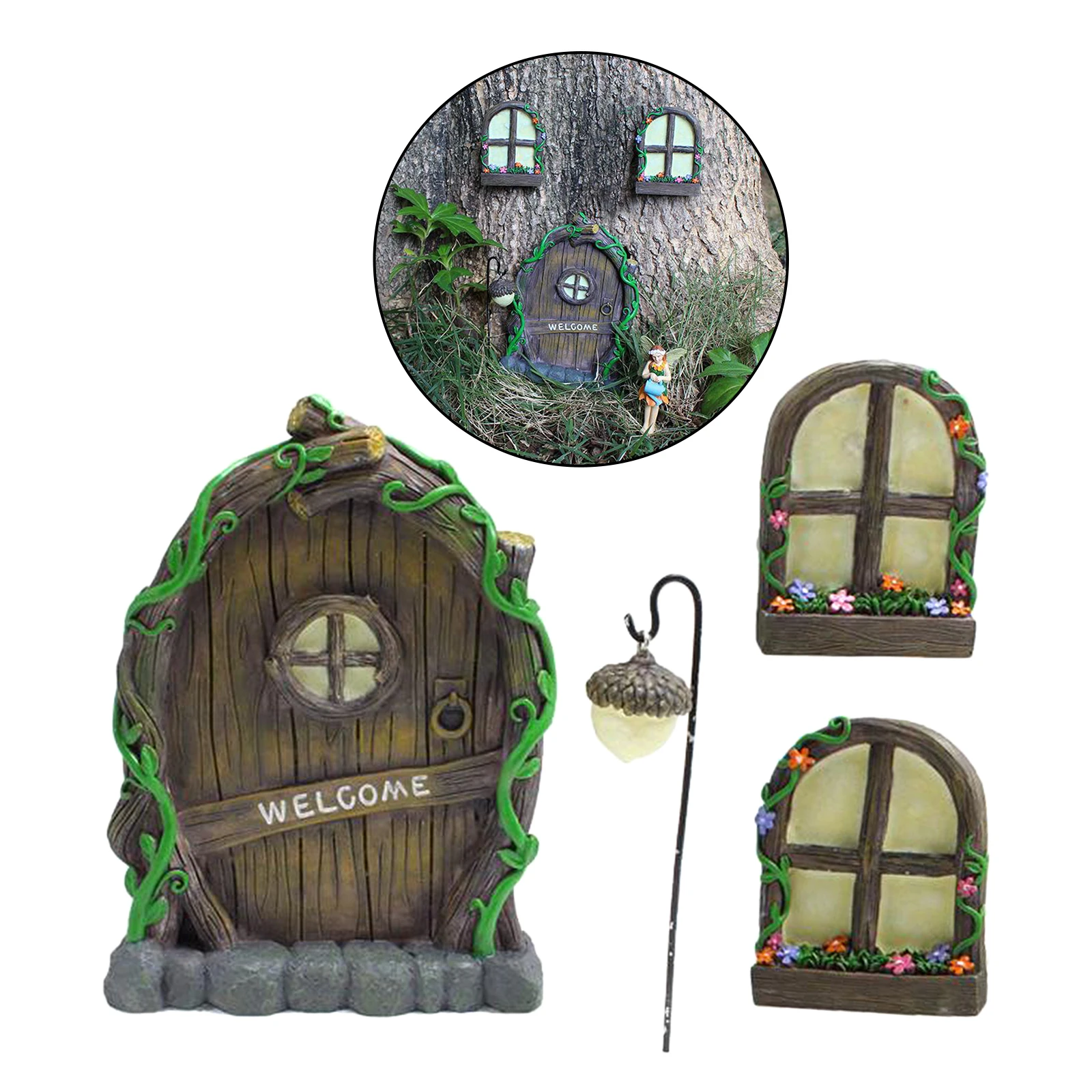 4pcs/set Cute Miniature Fairy Garden Window Door Elf Home for Art Sculpture Decoration Wall and Trees | Дом и сад