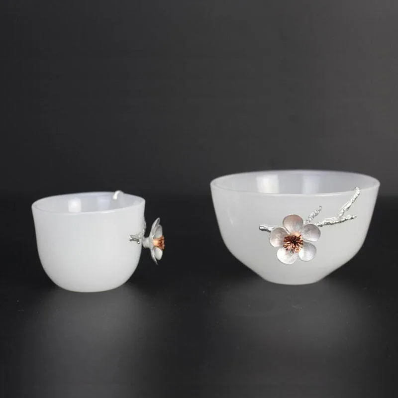 Creative Tin Plum Flower White Jade Porcelain Gaiwan Chinese Kung Fu Tea Bowl Office Master Cup Tea Bowl Teaware Drinkware Decor