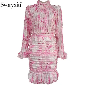 

Svoryxiu Runway Autumn Winter Print Patchwork Ruffle Dress Women's Stand Collar Bell sleeve High Waist Pencil Mini Party Dress