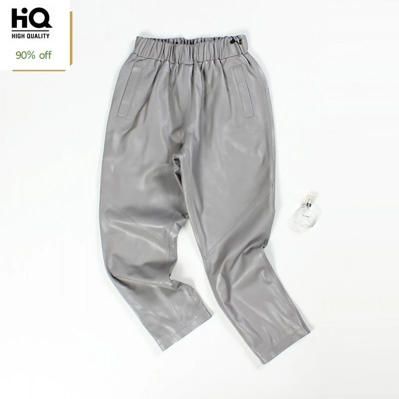 2020 Lente Echt Lederen Broek Vrouwen Harembroek Streetwear Vintage Vrouwen Broek Casual Sexy Black Grey Schapen Lederen Broek