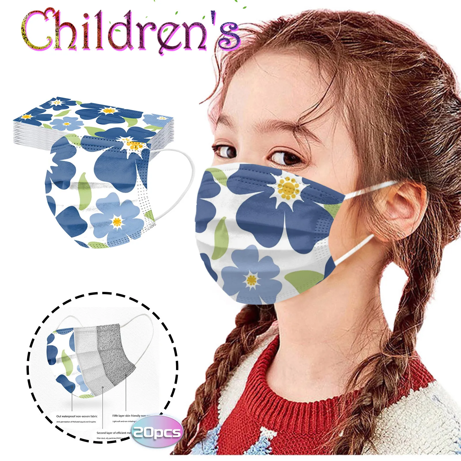20pc Children Christmas Mask Cartoon Print Disposable Face Mask Protection Breathable Mouth Cover Mascarillas Cosplay Cubrebocas 3