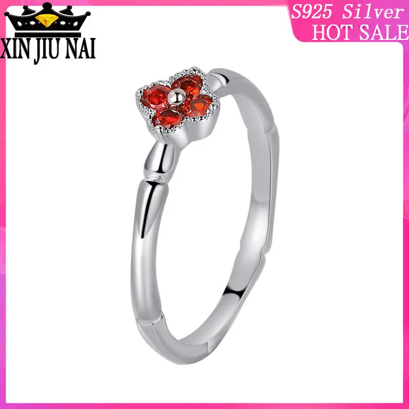 

Silver 925 ring rhodium-plated red garnet bamboo knot couple's joints on the four-leaf clover folk ring custom diamond ring