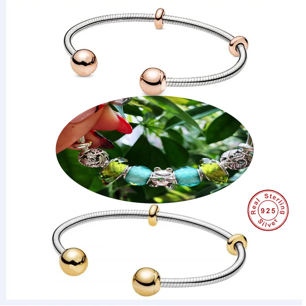 

new 925 sterling silver snake chain open bracelet DIY pendant charms beads original fashion girl rose gold jewelry