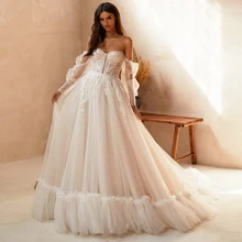 

RANMO Lace Bridal Dress A Line Sweetheart Applique Boho Wedding Dress Tulle Illusion Puff Sleeves Sweep Train свадебное платье