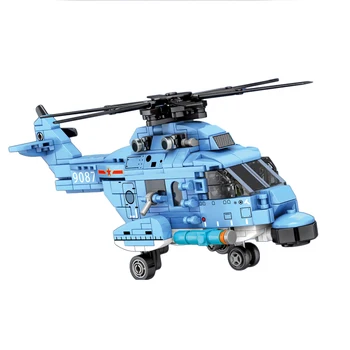 

375Pcs Moc Q Version Modern Helicopter Model DIY Small Particles Model Building Kit Construction Toy Gift - Blue