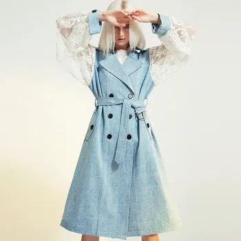 

2019 Personality Trench Coat Women Fall Lace Patchword Denim Coat Long Ladies Overcoat Trench With Waist Belt Jean Coats Large