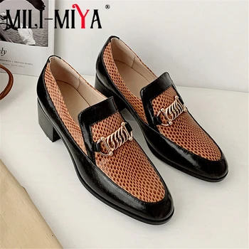 

MILI-MIYA Brand Design Women Full Genuine Pumps Metal Decoration Slip-On Square Heels Round Toe Office&Career Spring Autumn Shoe