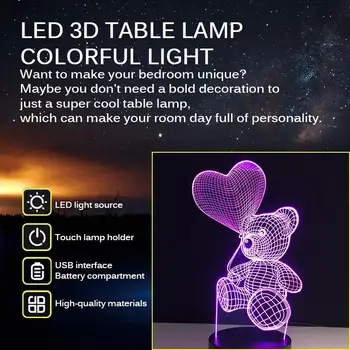 

USB Love Bear Glowing Light Gift for Children Friends Acrylic 3D Color Changing Mood Light Animal Cute Teddy Bear Bulb Light