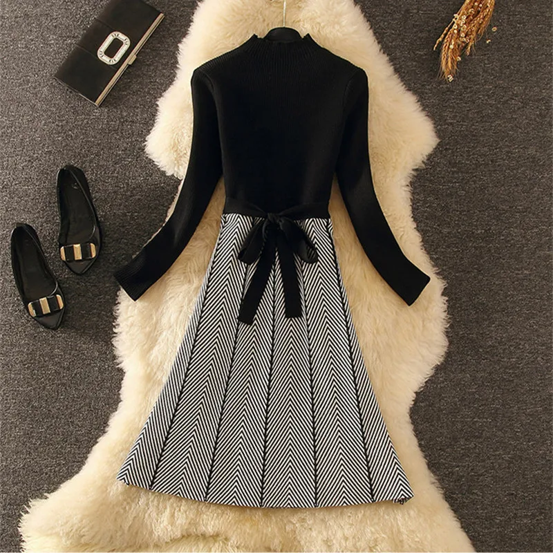 Autumn Winter Dress Women Black Patchwork Long Sleeve Knit Sweater Dress Bodycon Work Office Dress Formal Spring