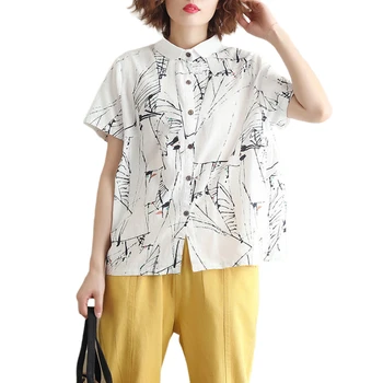 

Cotton Linen Women Button Shirts 2020 Summer Vintage Short-Sleeved Loose Casual Female Shirts Outwear Coat Tops
