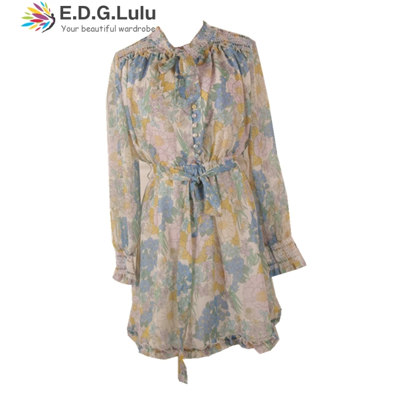 EDGLuLu ruffle print dress long sleeve o neck sweet college sexy casual beach party elegant vintage loose bohemian | Женская одежда