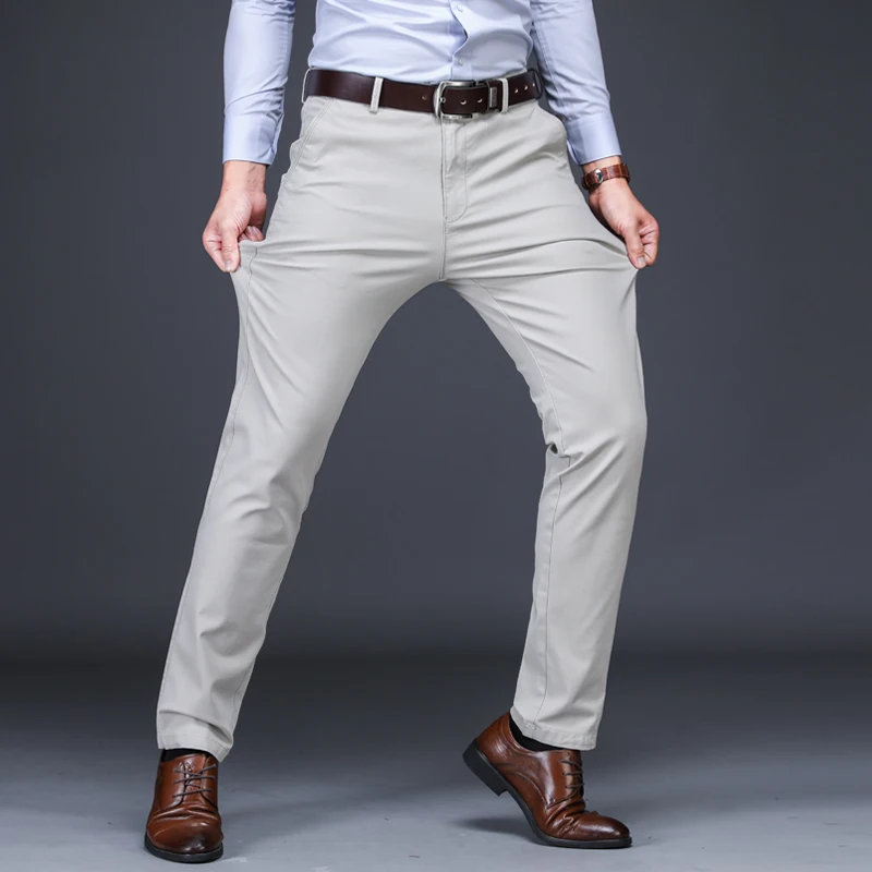 

6 Color Men Casual Pants 2020 Autumn and Winter New 97% Cotton Straight Elastic Trousers Brand Beige Khaki Large Size 40 42 44