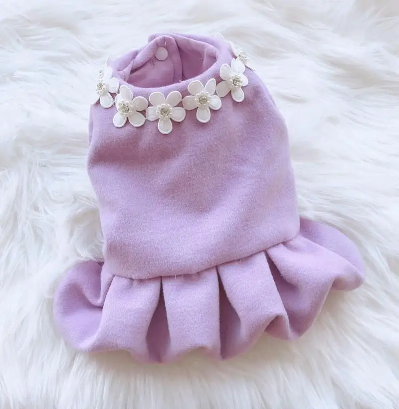 Flower Neck Wool Coat Red Purple Color Dog Skirts for Autumn and Winter Two Feet Pet Clothes Dog Dress Princess Dog Clothes Girl