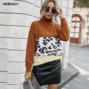 

Sweater Autumn Winter Clothes Women Green Patchwork Leopard Long Sleeve Knitted Tops Turtleneck Pullover Sweater Fall 2020 Woman