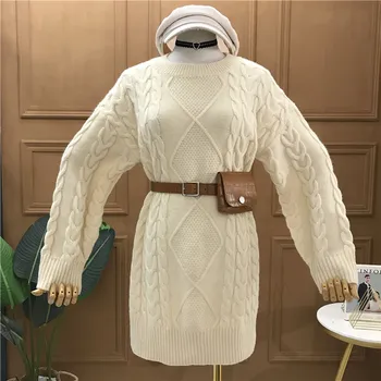 

New Loose Long Sweater Women's Round Neck Retro Mid Length Knit Pullover Knitwear with Belt Girls Winter Knitted Shirt Sweaters
