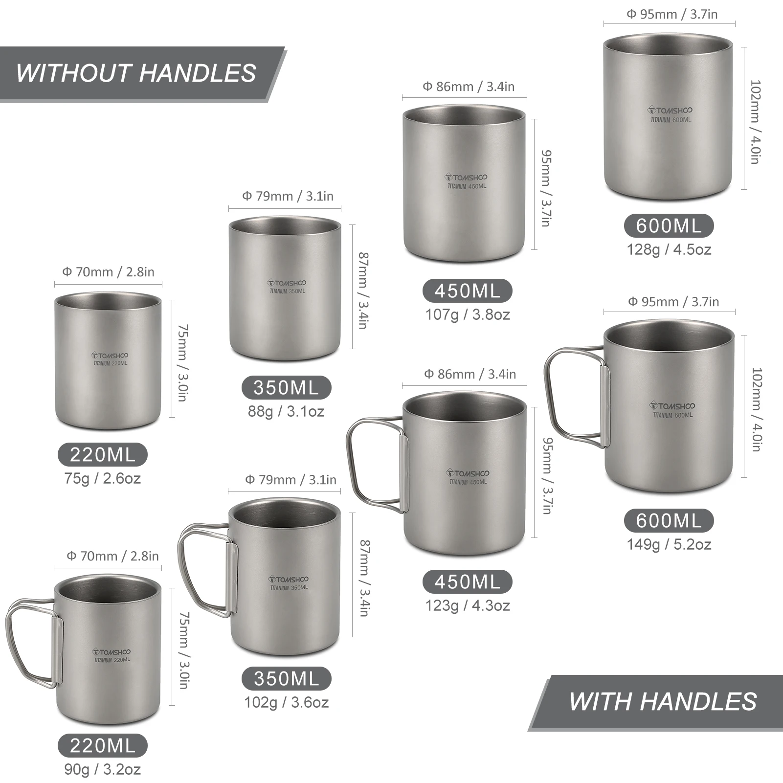 TOMSHOO 220/350/450/600ml Double Wall Titanium Water Cup Coffee Tea Mug for Home Office Outdoor Camping Equipment Hiking Picnic | Спорт и