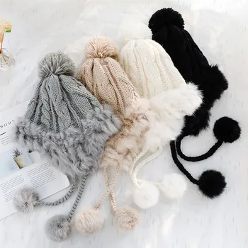 

Winter Beanie Hat for Women Rabbit Knitted pompom Hat Velvet Lining Beanie Skullies bonnet Cap for Female Outing Thick Warm Cap