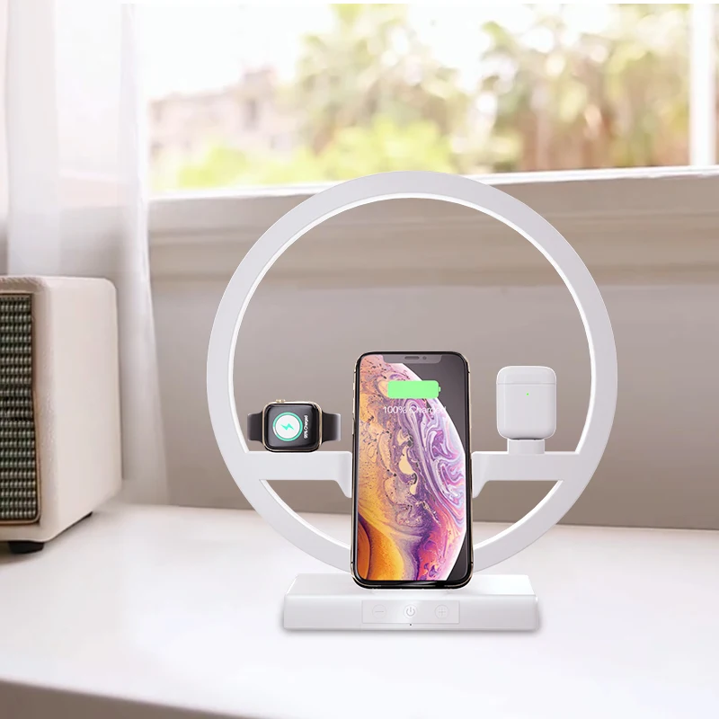 

ABKT-Mobile Phone Watch Headset Table Lamp Four in One Charging Bracket for iPhone 11 Charger Holder - White