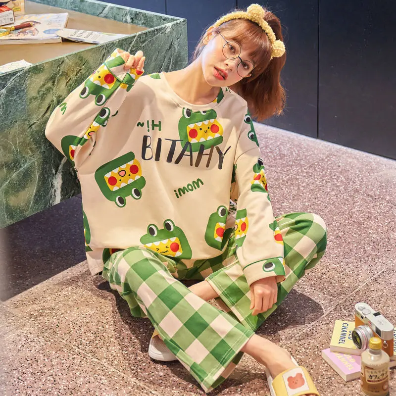 Spring Autumn O-Neck Cotton Sleepwear Long-sleeved Trousers Pajamas Two-piece Women Cute Cartoon Pijamas Nightie Home Clothes