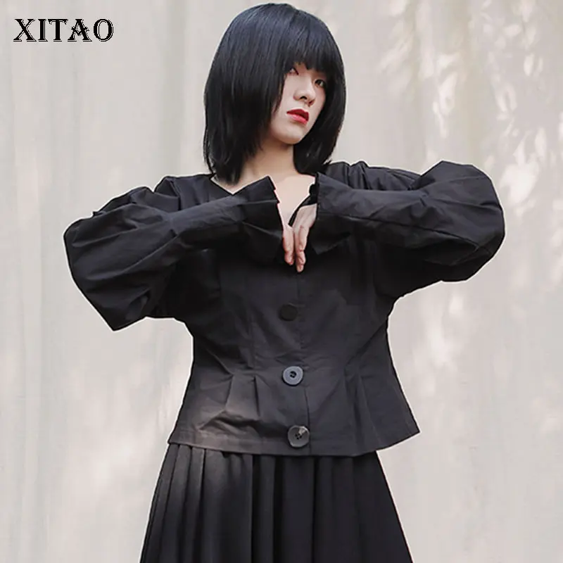 black DMY2143 XITAO необычная винтажная плиссированная рубашка, модная, длинный рукав, с одной грудью, повседневная, черная, оболочка, богиня веер, миноритарная блузка DMY2143 - Цвет: black DMY2143
