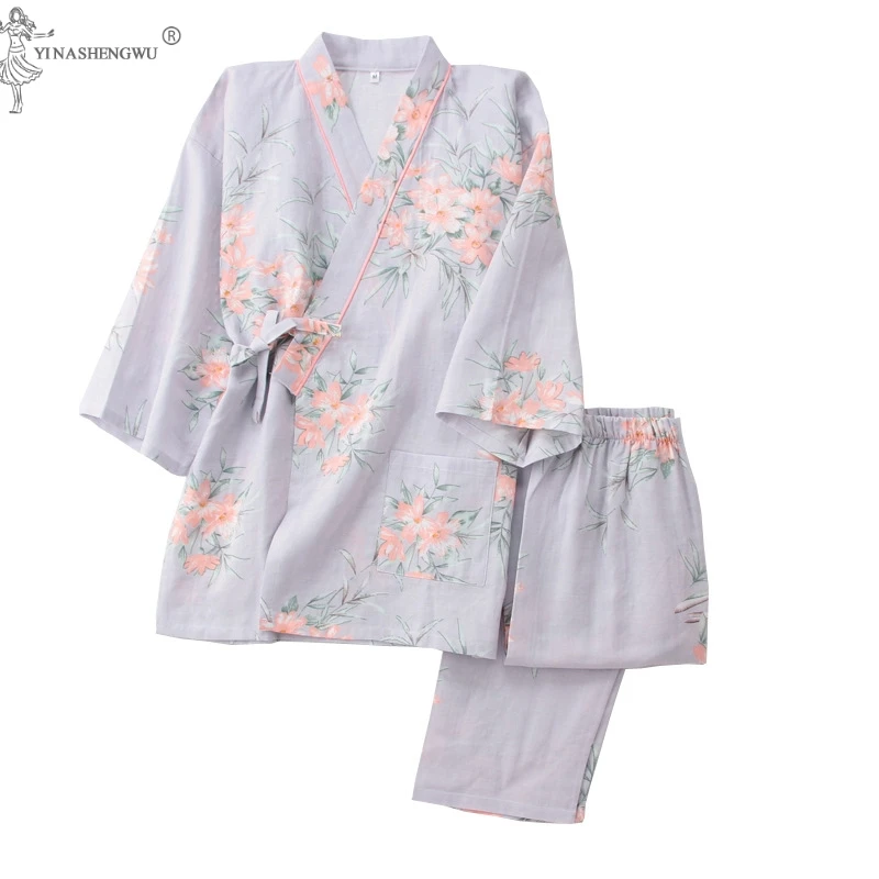 

Autumn 2PCS Japanese Kimono Pajamas Set Pure Cotton fashion Women Yukata Thin Print Japan Sweat Steaming Suit Lover Clothing