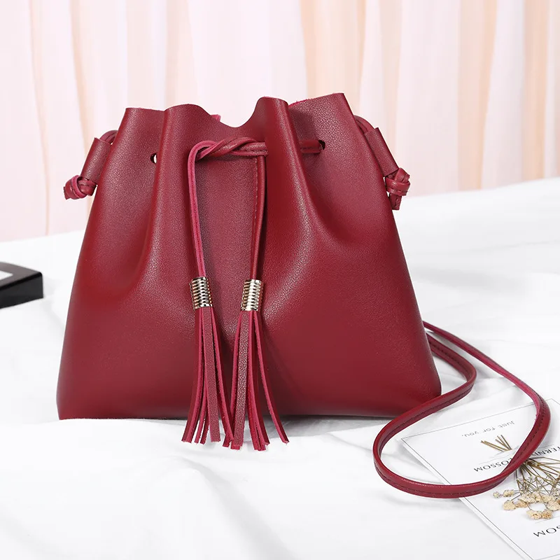 

2018 Spring And Summer New Style Korean-style Drawstring Phone Bag Bucket Purse Mini Tassels Shoulder WOMEN'S Bag