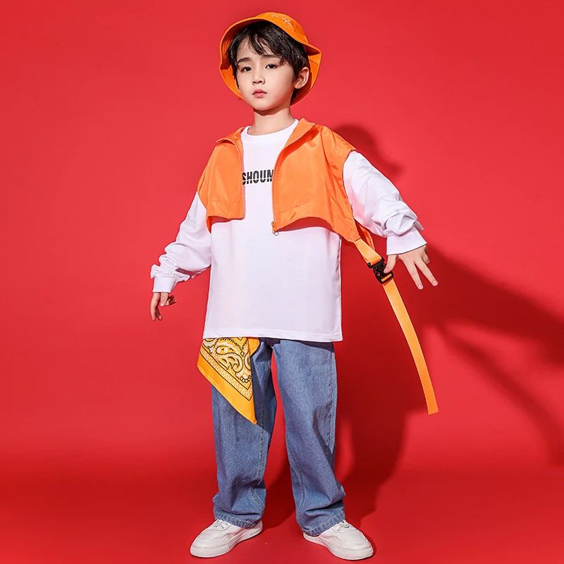 Hip Hop Dance Costumes Kid  Long-Sleeved SweaterShirt Denim Pants Vest Boys Jazz Modern Dance Costumes Street Wear  (7)