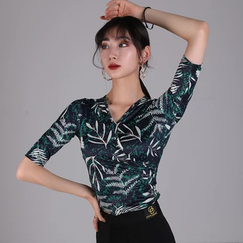 

2019 Summer New Adult Woman Ladies Latin Dance Tops Sexy V Collar Ice Silk Printing International Dancing Practice Tops DWY2212