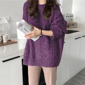 

Sweater Women's Loose Pullover Knitted Lazy Style Autumn Korean Round Neck Heavy Duty Thick-line Twist Sweater Top Girls
