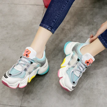 

2020 Hot Summer Women Sneakers Vulcanize Breathable Rainbow Color Fashion Casuals Height Increasing Female Chunky Ladies Shoe