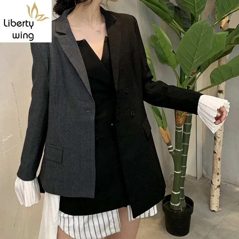 

Spring Brand Women Asymmetrical Colors Blocking Ruffles Patchwork Irregular Double Breasted Blazer Femme OL Suit Jacket