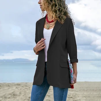 

Fashion Women Blazer Office Ladies Slim Solid Color Jackets Long Sleeve Pocket Small Blazer Black XL