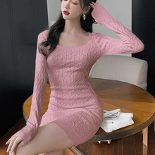 

Women's Mini Knitted Dress Long Sleeve U Neck Slim Autumn New Twist Knit Dresses Femme Solid Basic Vintage Pullover Dress Female