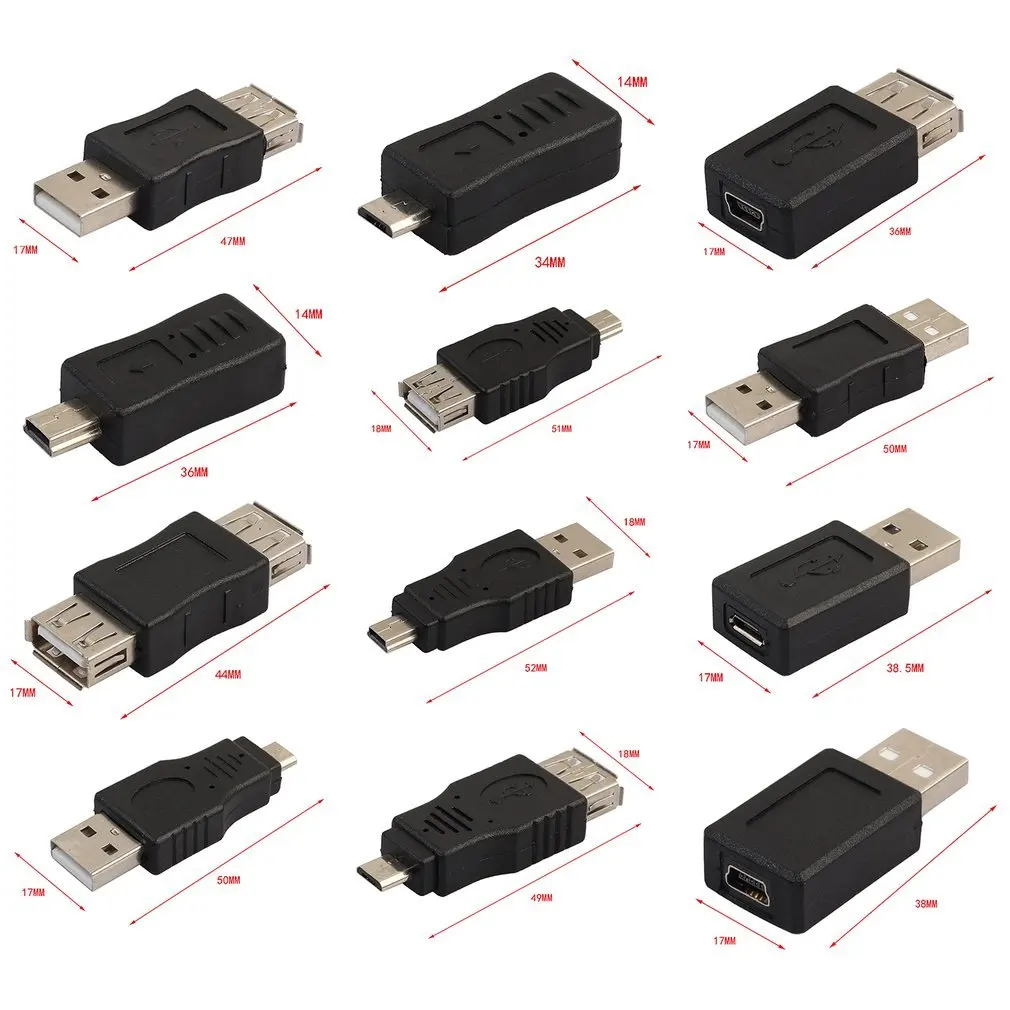Universal 12pcs USB 2.0 Male To Female Micro USB Mini Portable Changer Adapter High Speed Convertor Set Black Connector